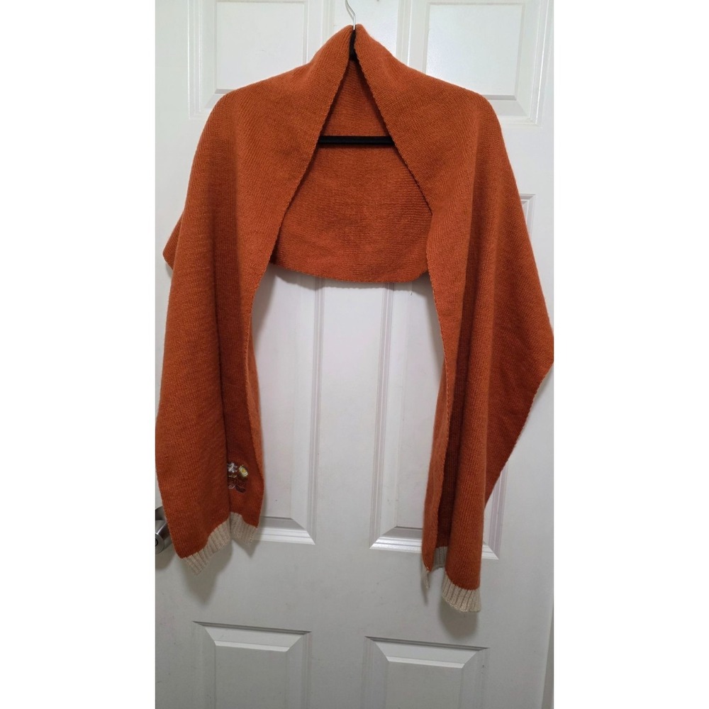 Handcrafted Orange Knit‎ Scarf/Wrap Embroidered Floral Cream Trim Soft & Cozy 70